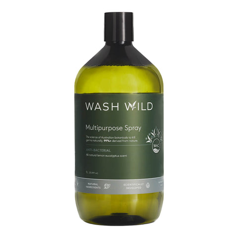 Wash Wild Multipurpose Spray 1L in a green glass bottle with a black cap, front view on a plain white background, clear product photo