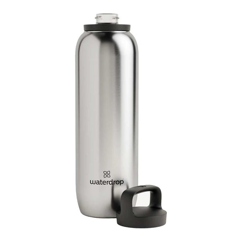 waterdrop All-Purpose Steel Bottle 1L in stainless steel with its black lid lying beside it, front view on a plain white background