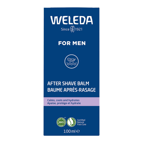 Weleda After Shave Balm 100ml dark blue box for men with white lettering, standing upright, front of the box on a plain white background