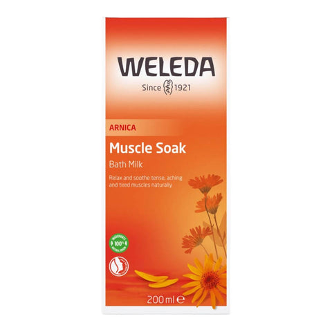 Weleda Arnica Muscle Soak 200ml orange box with white lettering and arnica flowers, front of the box on a plain white background