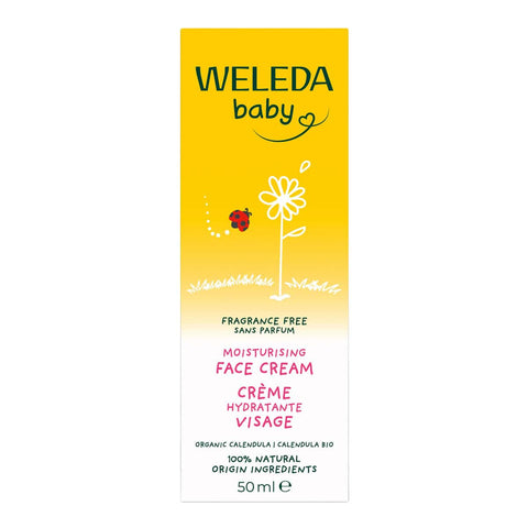 Weleda baby moisturising face cream packaging with yellow background and white text.
