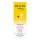 Weleda baby moisturising face cream packaging with yellow background and white text.