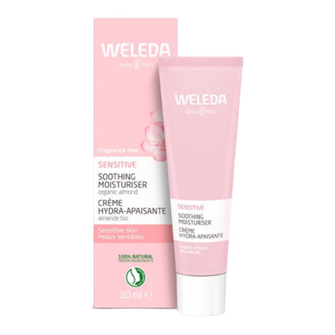 Weleda sensitive skin moisturiser with packaging on a white background