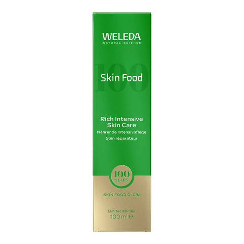 A tall rectangular green and gold box of Weleda Skin Food Rich Intensive Skin Care, shown against a plain white background.