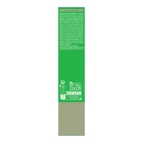 The side panel of a tall rectangular green product box, featuring white text, recycling and disposal icons, and a solid taupe-beige band at the bottom, shown against a white background.