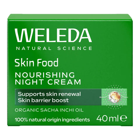 A green rectangular box of Weleda Natural Science Skin Food Nourishing Night Cream, 40ml, on a plain white background.