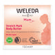 Weleda Stretch Mark Body Butter 150ml packaging with a silhouette of a pregnant woman on a pink background.