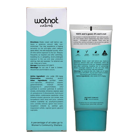 Wotnot Naturals sunscreen bb cream showing the back of both the box packaging and tube packaging with ingredients and directions.
