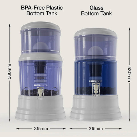 Comparison of BPA-Free Plastic and Glass Bottom tanks with measurements on a white background.